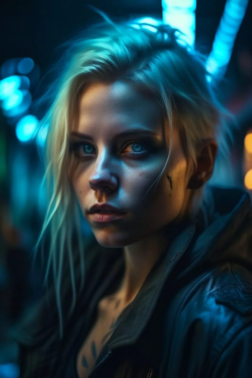 hyper real oil painting of blonde sami cyberpunk Malkavian vampire portrait with clear blue-green eyes in spotlight feeling in control in goth ruins, zeiss prime lens, bokeh like f/0.8, tilt-shift lens 8k, high detail, smooth render, down-light, unreal engine, prize winning