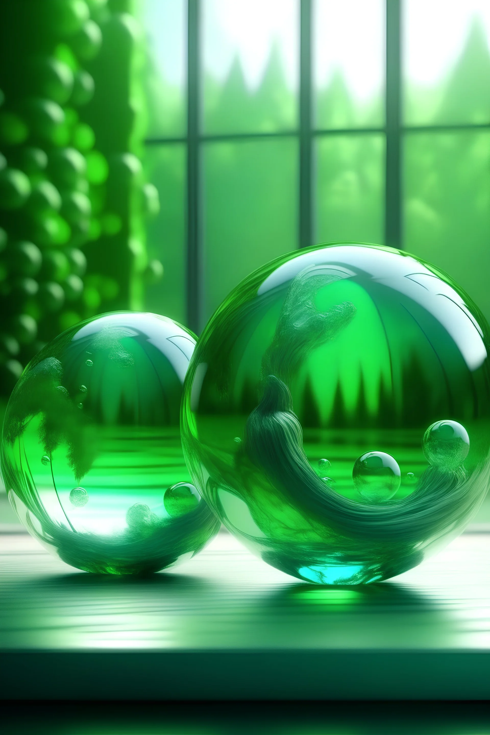 large and small glass balls swirling on the air, in the background tableland, calming nerves, relaxation, in the background abstract flexible gentle statue, light shades, green tint background