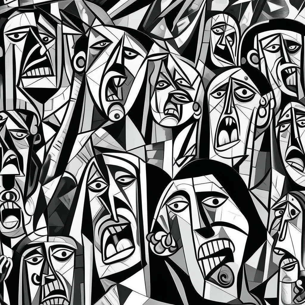 picasso cubism crowd of people black and white screaming wapens