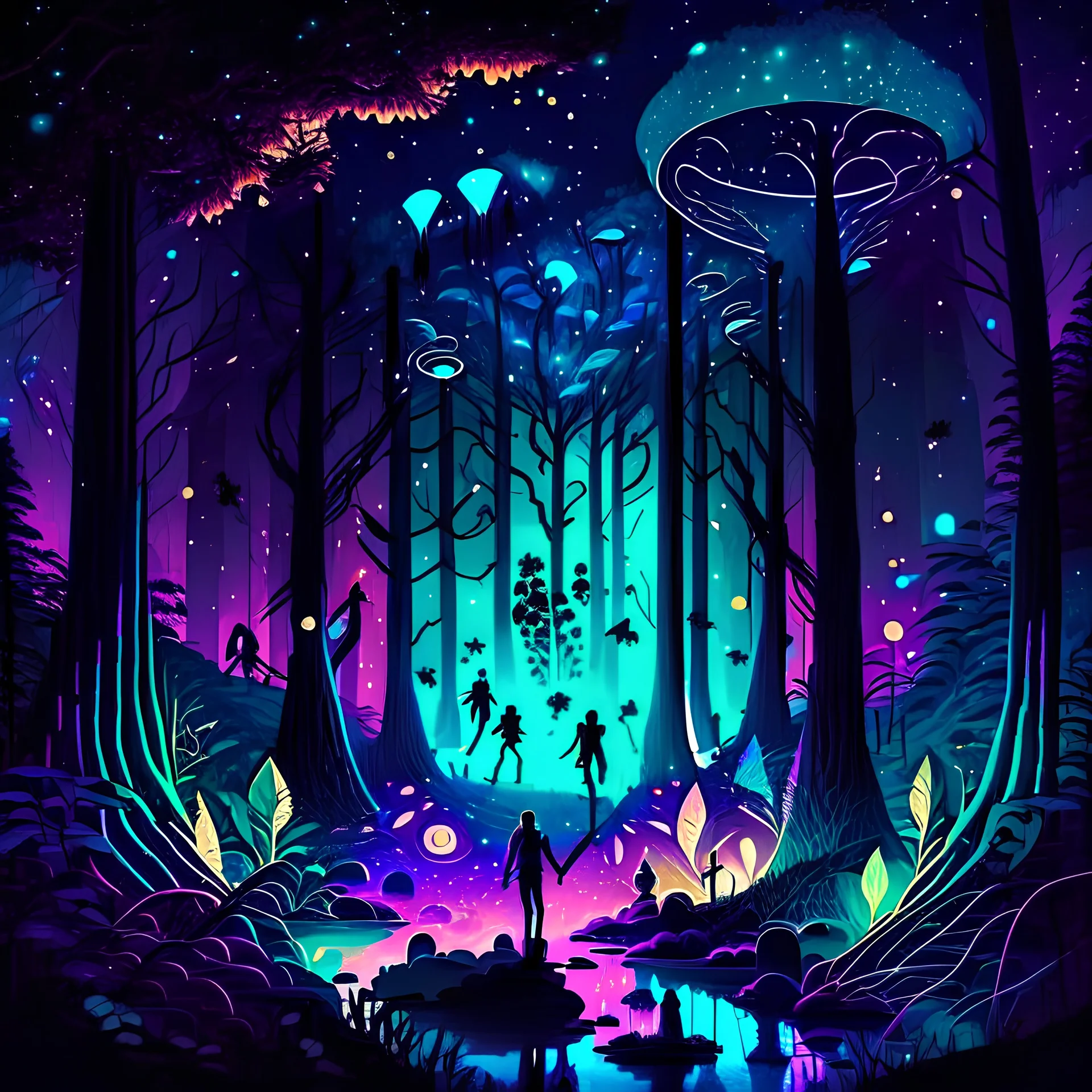 illustrations with a professional art style that show people learn quantum levitation, use colorful and dark midnight forest theme as a background, make it amazing