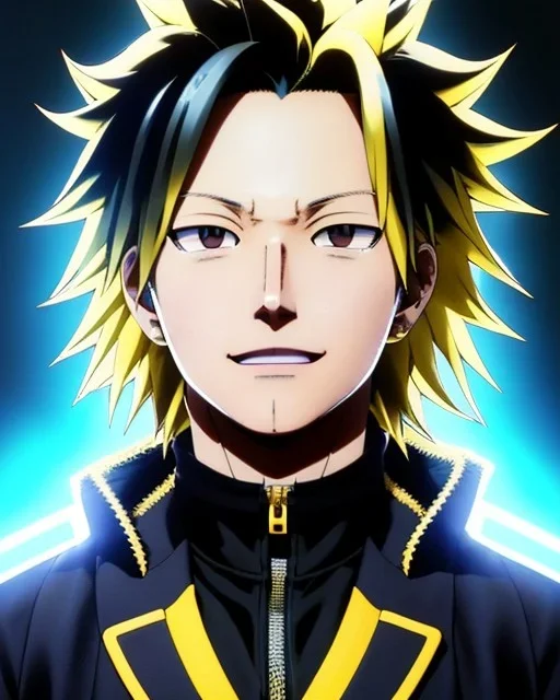 Detailed anime portrait of denki Kaminari from my hero academia, golden hair, black suit, intricate details, full body portrait, keep head in frame, slight smile, black Japanese motif, concept art, highly detailed, digital painting, concept art, sharp focus, illustration, art by Yoji Shinkawa, WLOP and greg rutkowski and alphonse mucha and artgerm and yanjun Chen and Junji ito and Makoto Shinkai, HDR, octane render