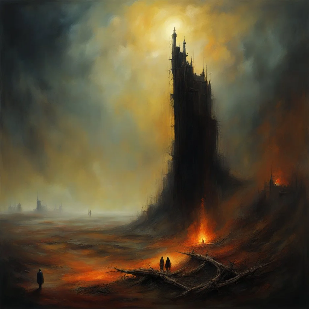 Macabre Rapture End of days Revelation scene, matte oil painting with loose brush stroke, tumorous sinner apotheosis, By John Lovett and Zdzislaw Beksinski and Santiago Caruso and Colin McCahon, diagonal composition, unbalanced, surreal horror, eerie, scary warm colors, opulent shadows