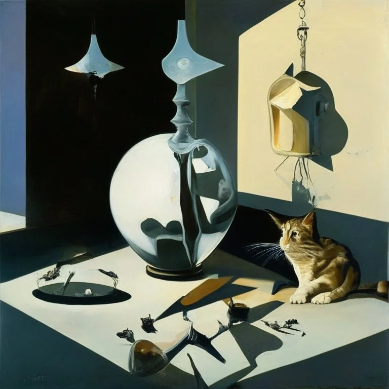 Abstract painting formed by a mix of human flesh-like surgical instruments and universe-like neuralink, a cat looking at a pigeon inside a huge bulb between light and shadow at dusk,surrealism,minimalism,Painting By Adrian Ghenie, Rene Magritte, Salvador Dali, Lucian Freud