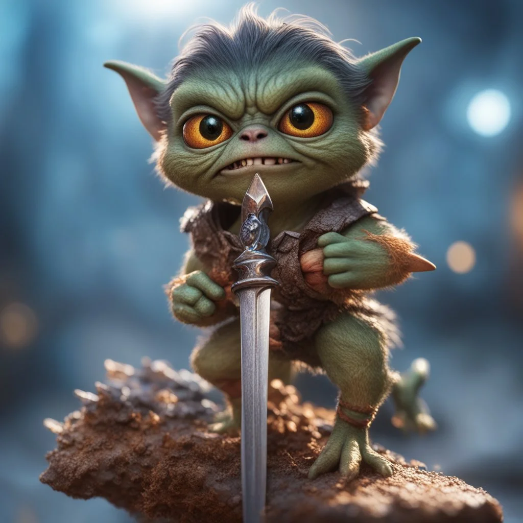 gremlin holding sword with vulcanic background,bokeh like f/0.8, tilt-shift lens 8k, high detail, smooth render, down-light, unreal engine,bokeh like f/0.8, tilt-shift lens 8k, high detail, smooth render, down-light, unreal engine