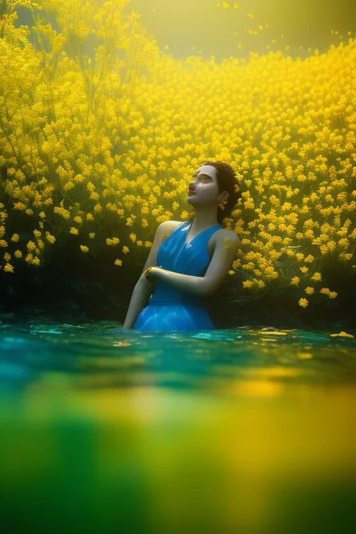 Nevsin Mengu underwater with yellow flowers for hair, closed eyes, rtx, reflection, 8k, glow, winning photography, caustics