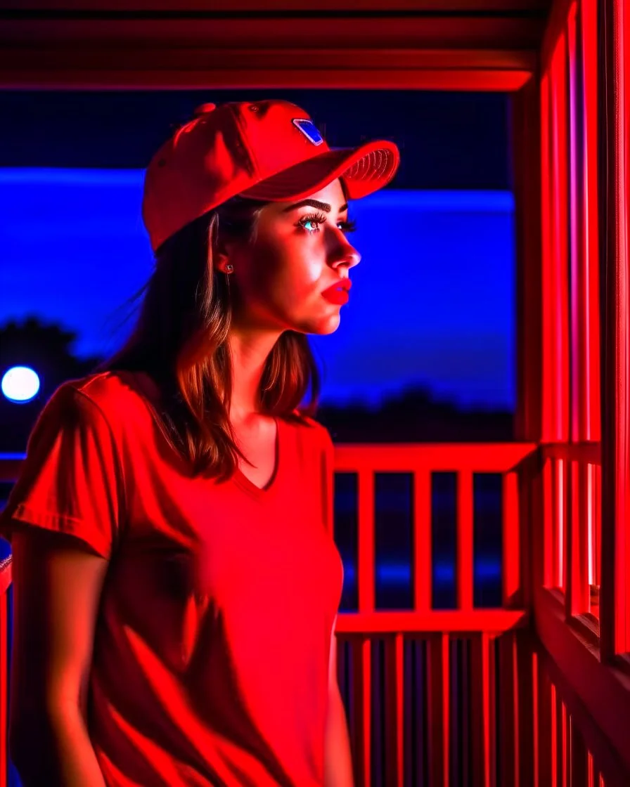 woman with a red baseball hat. leaning on a wooden balcony. night time. fantasy. studio lightining.