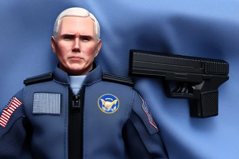 Plastic Mike Pence as G.I. Joe toy Doll figure With a pistol space force Commander Blue fabric uniform, black Moonboot in a clear package