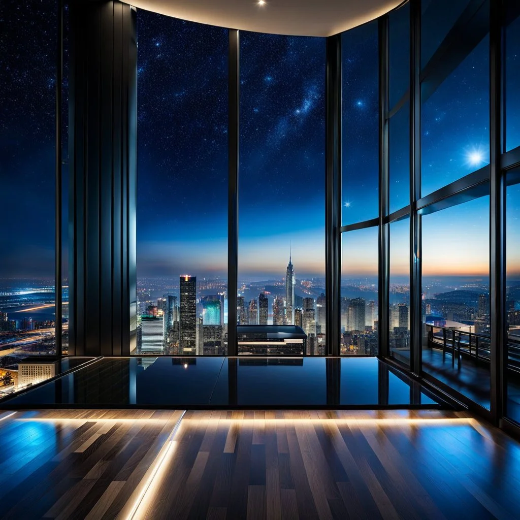 in luxury hall in top floor of skyscrapper in moder city at night sky, ,city scape at backgrownd