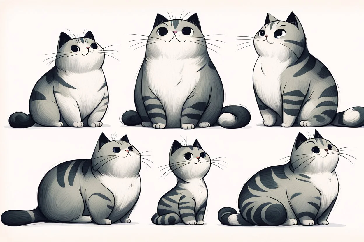 collection of six whimsical cat illustrations. They are drawn in a simplistic, cartoonish, Disney style, each with unique features and postures. The cats vary in size, with some appearing chubby and others slender. They possess a range of facial expressions, from content to curious. The cats are positioned in various orientations, with some facing upwards, others sideways, and one lying down. The overall color scheme is monochromatic, primarily in black and white, giving the illustrations a play
