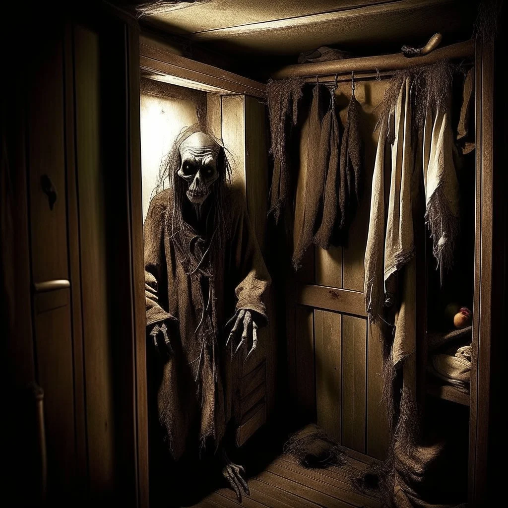 small closet in a old house where a long leggy monster is crammed in trying to hide in the recesses, creepy, scary, by Boris Groh, "Visual Necromancy"