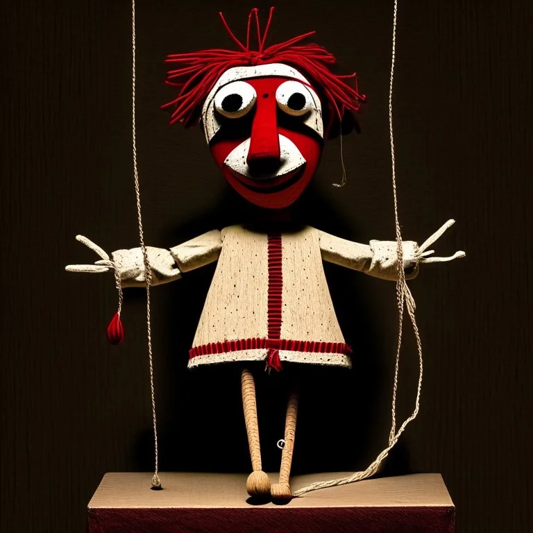 Cómic de Marioneta de madera con naríz de cuarenta centimetros manejada por hilos full body, fondo negro, colores blanco y rojo