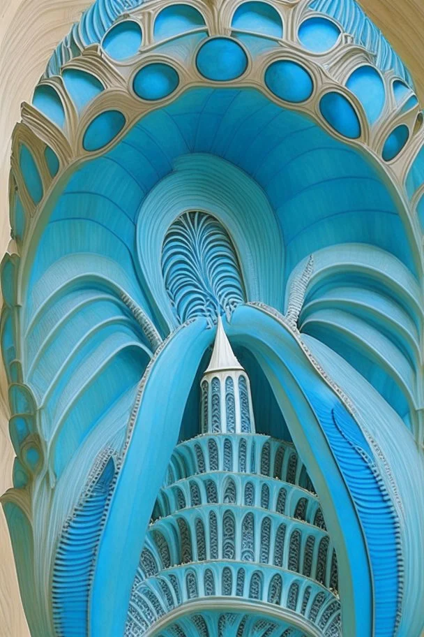 a blue and turquoise cathedral in a vertical Nautilus shell by artist "Dorian Haqmoun"