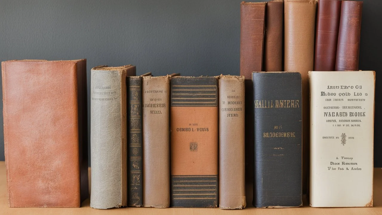 seven old books on a table