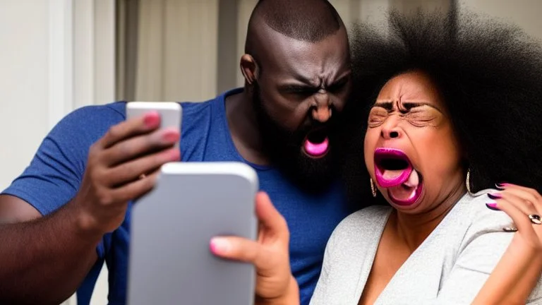 angry black lady screams at her phone while Tyrone who is in his own basement else is laughing at her at the phone