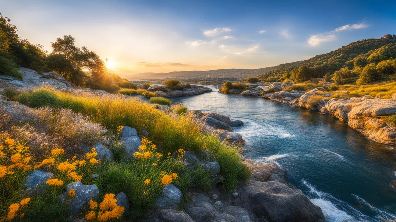 desktop wallpaper ,Turkey istanbul kus adasi,country side wavy rocky river ,wild flowers,blue sky nice clouds,golden hour