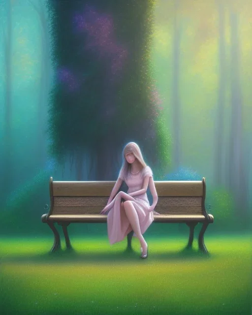 park mystical dream, park bench, man, woman, child, dog, trees, path, bird, sunshine, mystical, fantasy, romanticism, pastel colors, daylight, daytime, acrylic painting, detailed, soft focus,