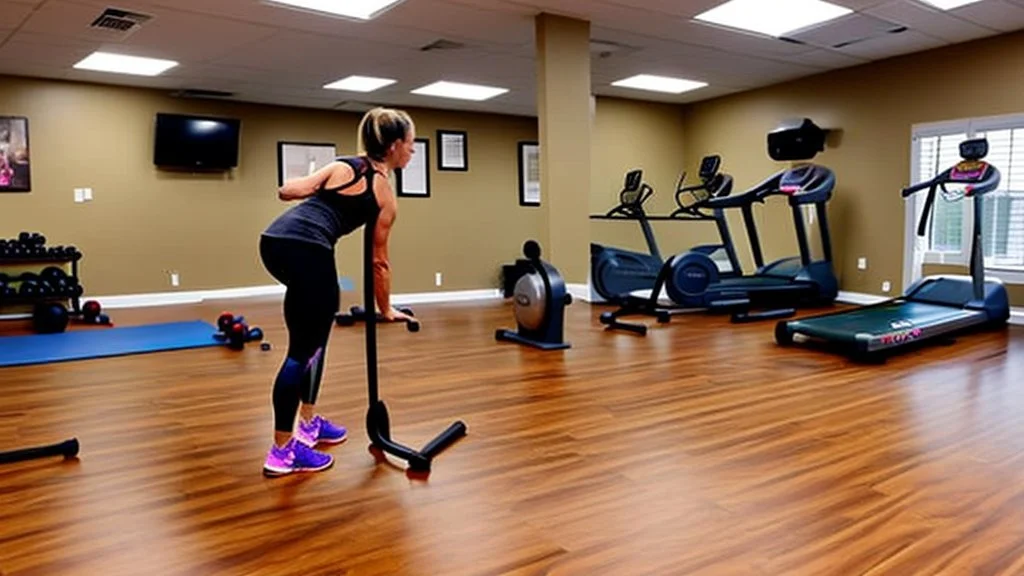 woman makes filthy wood floor in workout room