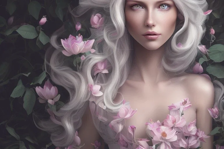 femme long cheveux blond blancs grands yeux bleus , 8k resolution, flower magnolia lotus rose, beautiful portrait, 8k resolution, flower head and body, beautiful star