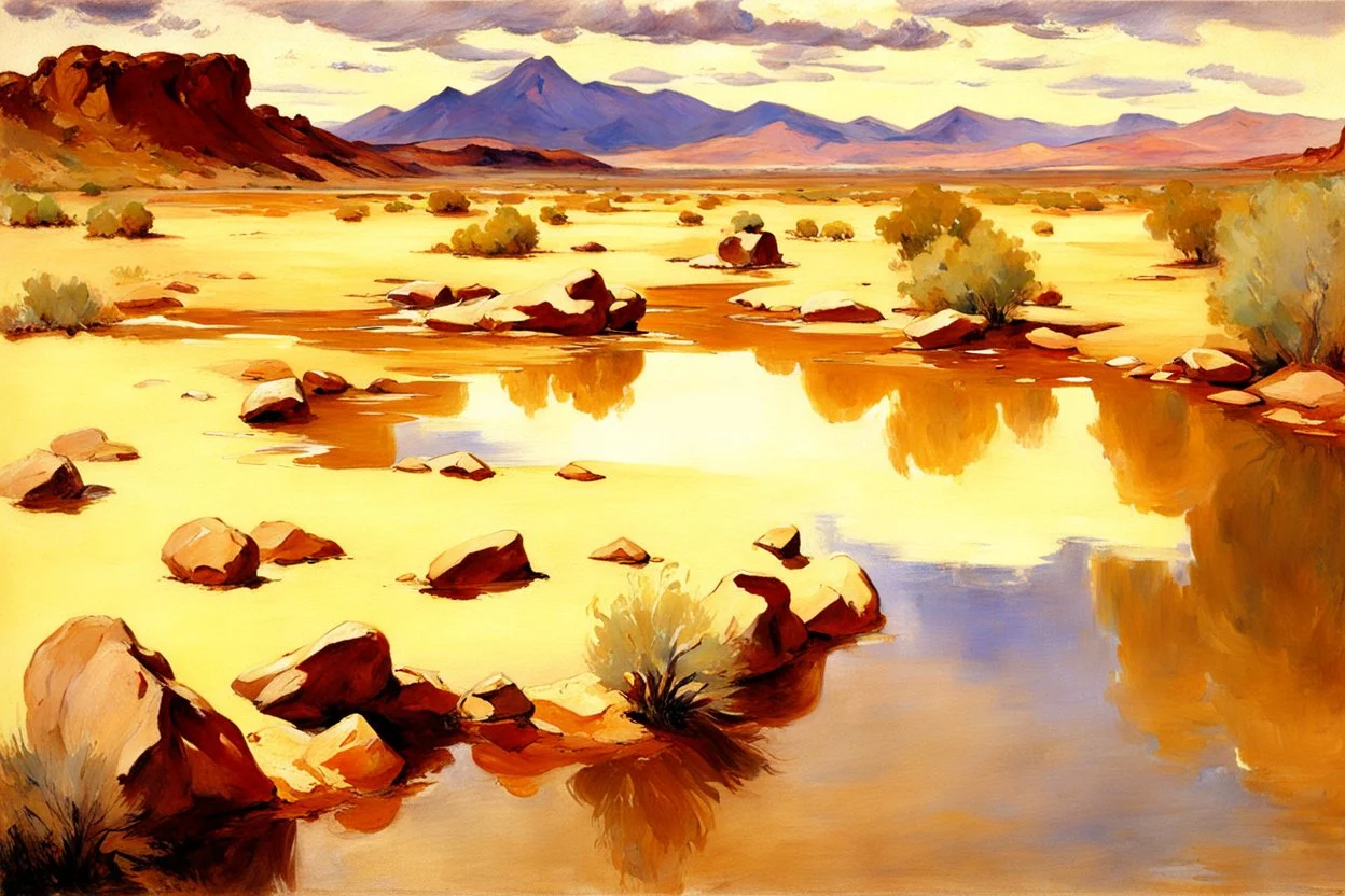 Arid land, clouds, mountains, rocks, puddle, vegetation, john singer sargent impressionism painting