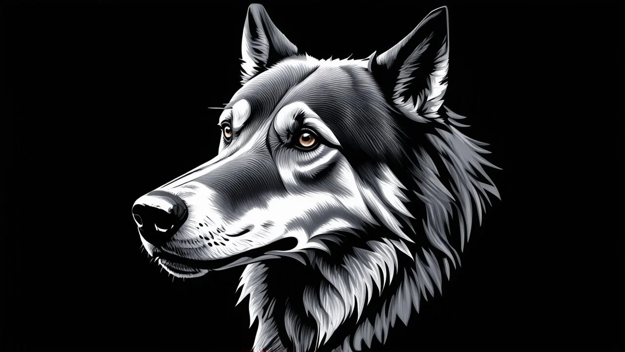 The image features a stylized depiction of a wild animal, likely a wolf or dog, rendered in shades of gray against a dark background. The animal's distinctive features and fur textures are highlighted, while the overall tone of the artwork conveys a sense of mystery and intrigue.