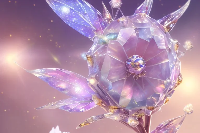 one big crystal subtle flower in a galactic ambiance, transparent petals, delicate colors, in the foreground, with a very little beautiful fairy, full of details, smooth, bright sunshine，soft light atmosphere, light effect，vaporwave colorful, concept art, smooth, extremely sharp detail, finely tuned detail, ultra high definition, 8 k, unreal engine 5, ultra sharp focus