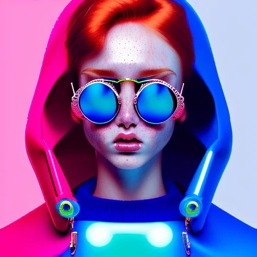 redhead woman teenager, freckles, big minimal sunglasses, padded coat, retro futuristic, latex dress, gradient color, BLUE, PINK, CYAN, neon, insanely detailed, 16k resolution, perfect eyes, cinematic smooth, intricate detail