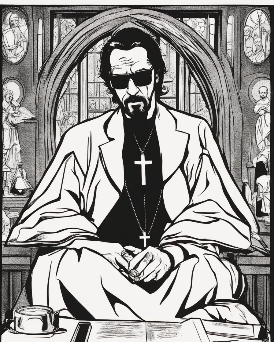 hans gruber as an irritated priest wearing red sunglasses