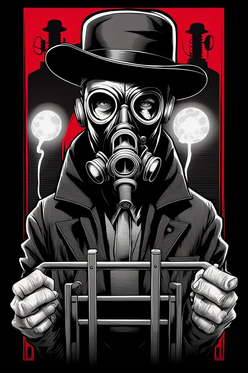 man with hat (wide and flat brim and a flat top) shading face, wearing a gas-mask standing, beside an electric-chair, vignette, black and white graphic novel style with a red outline on black background, gothic horror