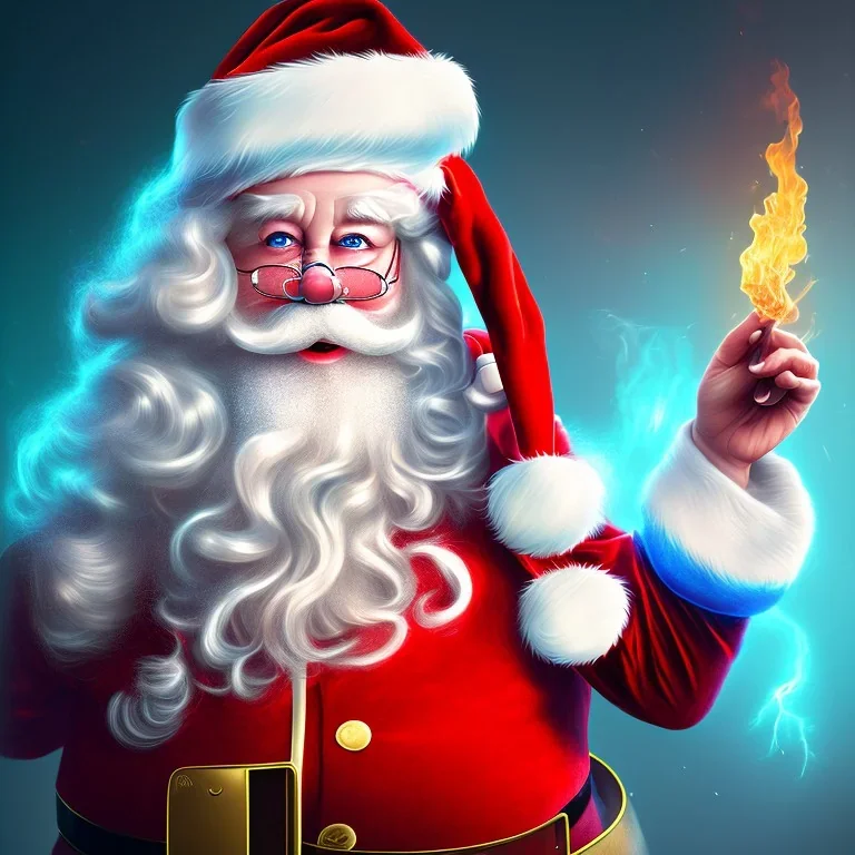 Santa, red green blue, high definition, ultra 8 k, liquid lighting, fire, rain, realistic