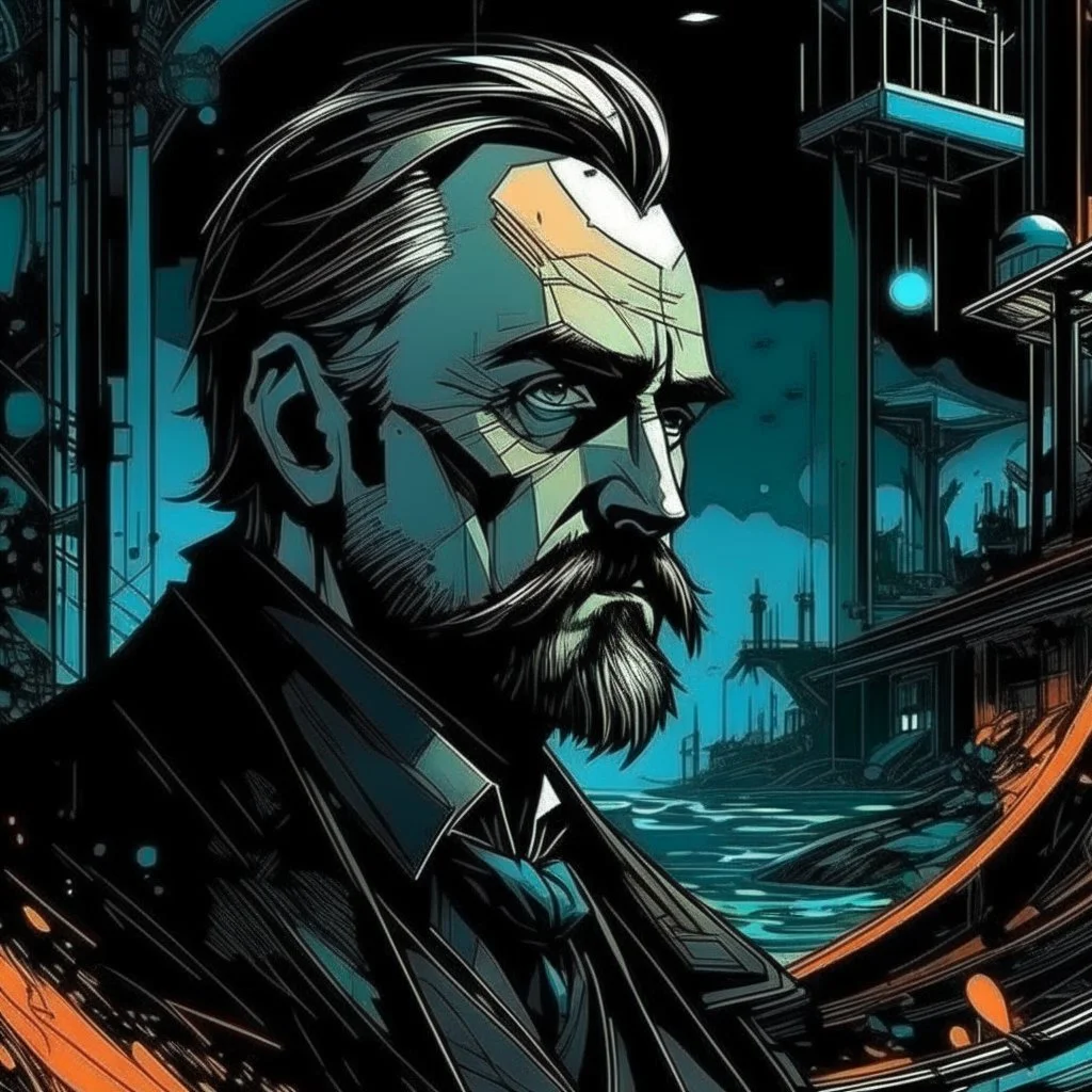 Best quality, masterpiece, ultra high definition,Futuristic, cyberpunk, Friedrich Nietzsche,Comic style