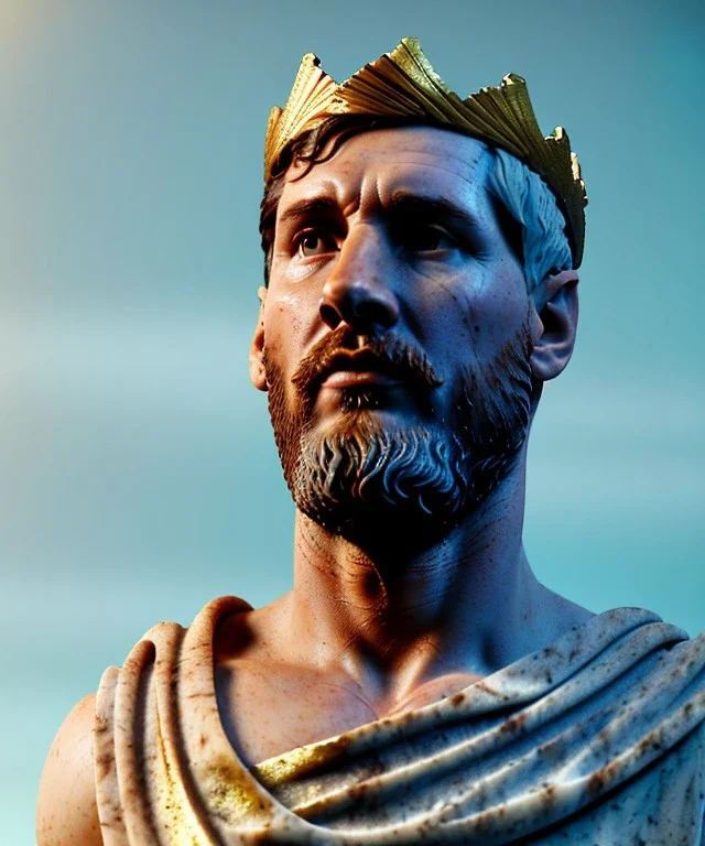 Ultra Realistic image, roman sculpture, marble deluxe material, Lionel Messi, gold Laurel crown model, miguel angel style, chisel style, emperador, waist up portrait, cinematic lighting, God light, god rays, 4k resolution, smooth details, ornate details, soft lighting, unreal engine 5, sky background.