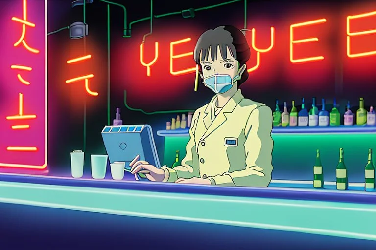 A gripping portrait of Yui in an oxygen bar, her face partially lit by the neon glow, the other half obscured by her respirator. Her eyes reflect the cyberpunk scene around her, a stark contrast to the natural world of the biodomes. Gastown's neon-drenched skyline shines through the bar's panoramic windows in the background. User