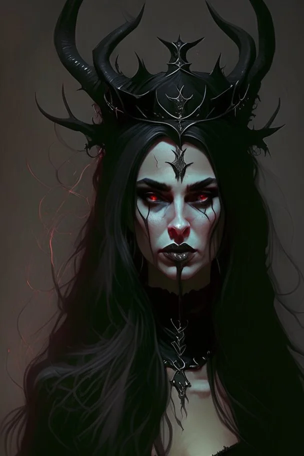 A beautiful, terrifying, sexy and gothic tiefling woman, in her 30s, she wears all black and has long hair and an evil crown