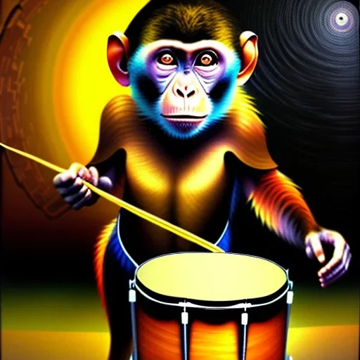 A monkey playing the drums, london at night, oil painting