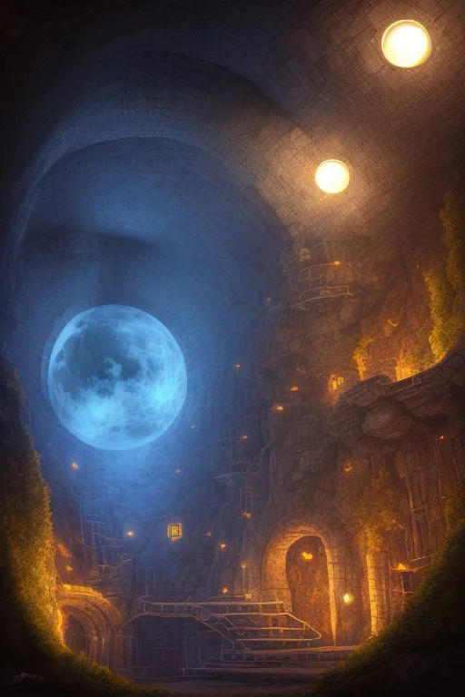 abstract, Moon in a dwarven mine underground, dungeon