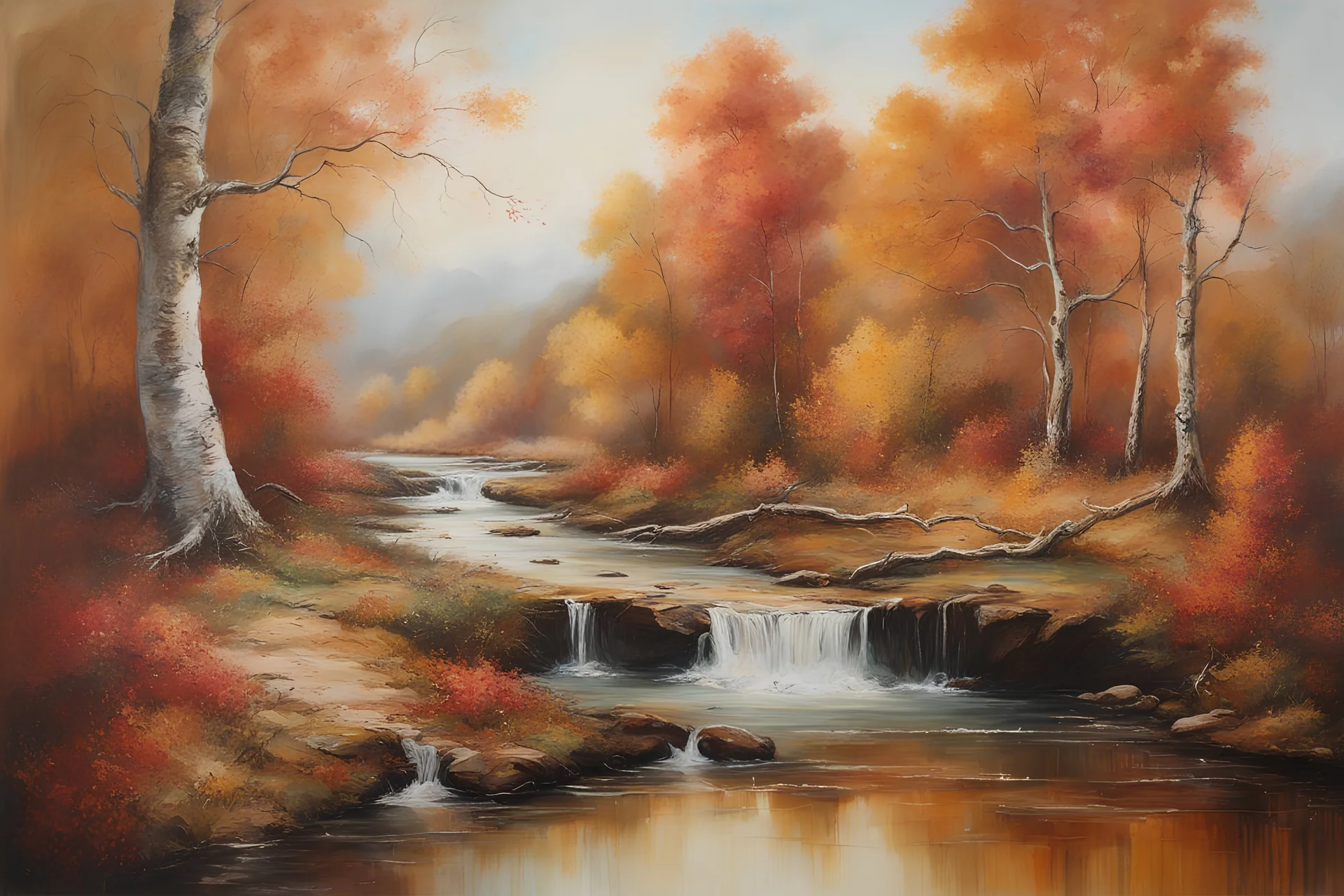 ((best quality)), ((masterpiece)), ((realistic,digital art)), (hyper detailed), Valerie Hegarty style painting of a river landscape in autumn, a scenic environment, painted by Valerie Hegarty