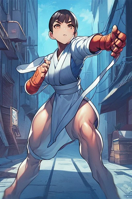 cammy white from street fighter wearing juri outfit in Yusuke Murata style