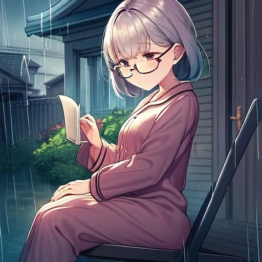 anime girl sitting on a porch swing of an old house, journaling, wearing pajamas, writing in a book, shes watching it rain, more detail on hands and her face,shes deep in her thoughts, wearing glasses, rain drops, she has a pencil in her hand and is writning in the book, she is looking down at what she is writing