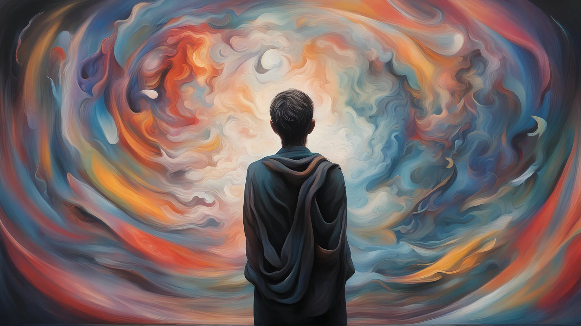 "Visualize an artistic scene where sad quotes are floating in the air around a central figure, who is surrounded by a whirl of colors and abstract forms. This figure is partially transparent, suggesting vulnerability and openness to emotional experiences. The background should be a blend of dark and light strokes, symbolizing the complex nature of human emotions."