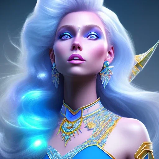 A portrait of a full body crystalised blue pink queen,smiling face, blue eyes, long blond hair, atmospheric, realistic, unreal engine, lighting