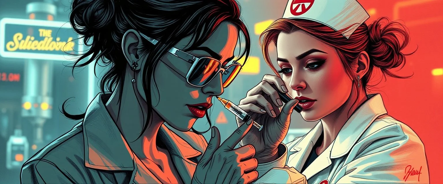 cyberpunk mega city fallout 4, airbrush and pen outline, A cinematic, high-end advertisement image for a fictional service called “Business Women Spice Girl Nurse Glam Fashion Party™”. Split-screen composition with two contrasting emotional states. Mad scientist getting injected.