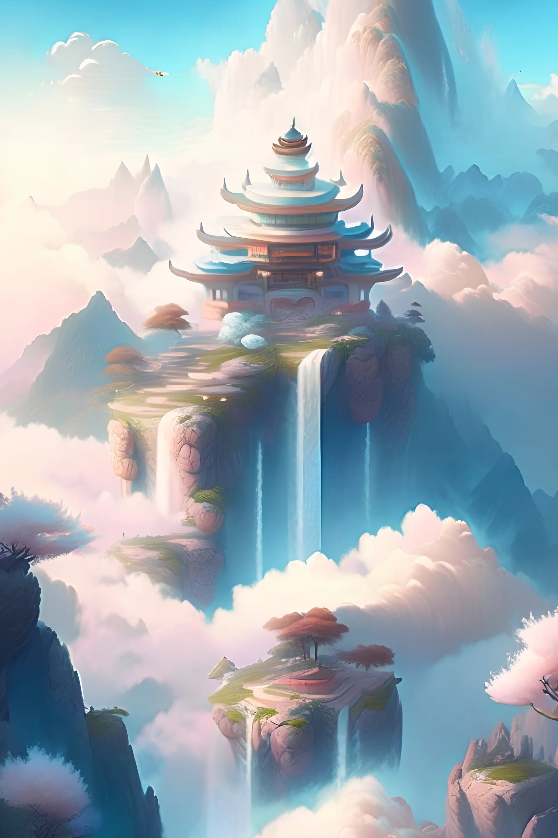 A serene mountaintop temple hidden amidst the clouds, overlooking a vast landscape with floating islands and waterfalls, evoking a sense of spiritual tranquility, Illustration, digital art with soft pastel colors