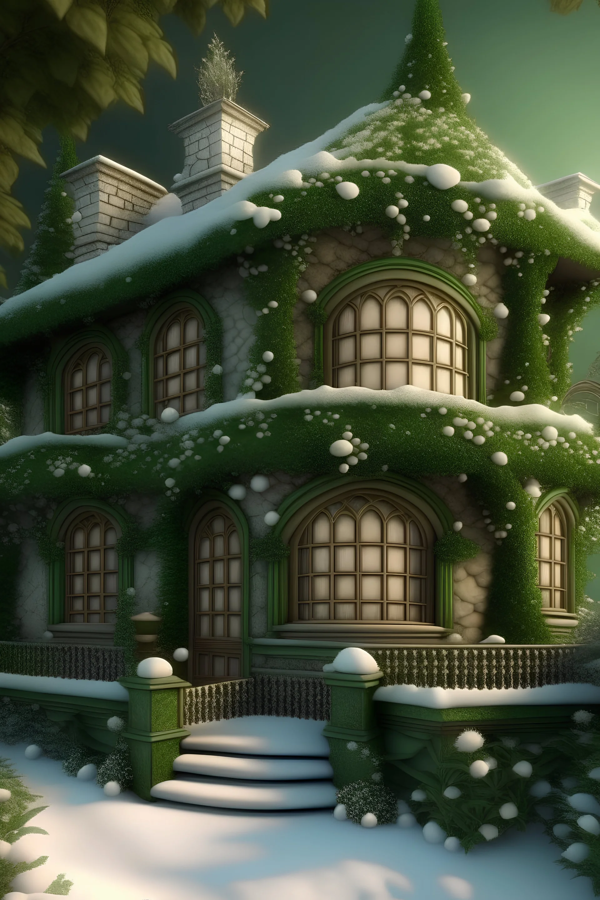 Ultimate details, ultra photorealism, ultra texture, 8k, art nouveau whimsical cottage, intricate details ivy, trees, snowing