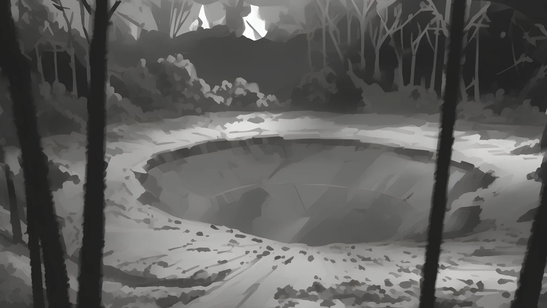 A smoking meteor crater in the middle of a dark dry forest