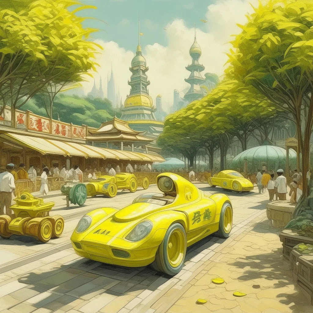 A pale light yellow speedy racecar theme park painted by Zhang Lu