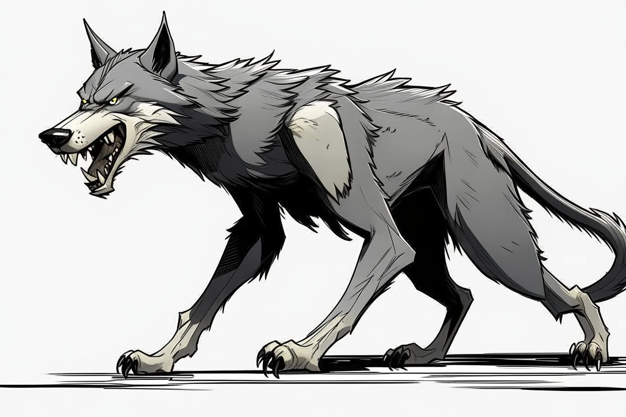 wolf, full body, attacking, profile ,comic book, gray background,