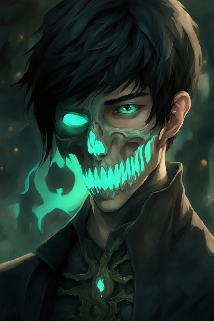 fantasy art, young male, half-elf, noble, half skull mask, pale skin color, cemetery background