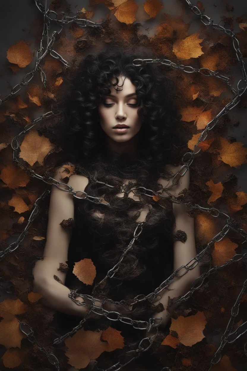 abstract creation of a beautiful girl with black curly hair, surrounded by black roses, thick metal chain broken, glass petals on the ground, autumn colours,dried out thorn bush, chaos,