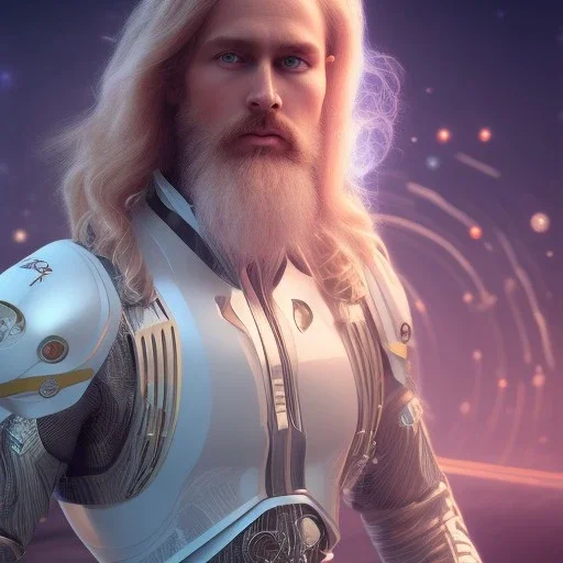 Full body ,Beautiful cosmic man, blue eyes, long blond hair, cosmic suit, galactic backdrop, soft lighting, hyper realistic, unreal engine 5, 16k