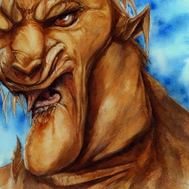 dungeons and dragons, fantasy, goblin, king, ochre skin, watercolour, distinct face, portrain, head